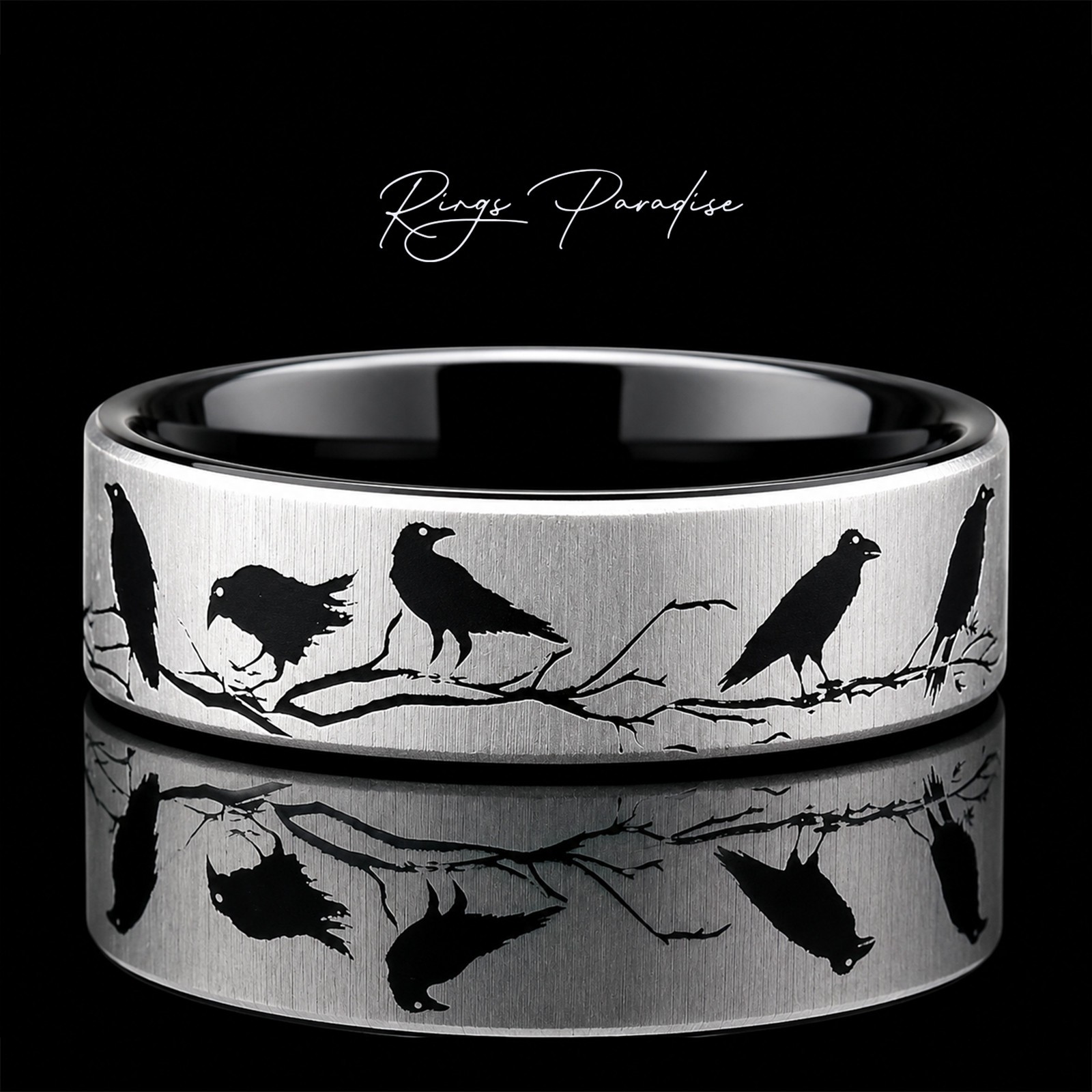Raven Ring | Black Tungsten Wedding Band With Tree Branch Engraving