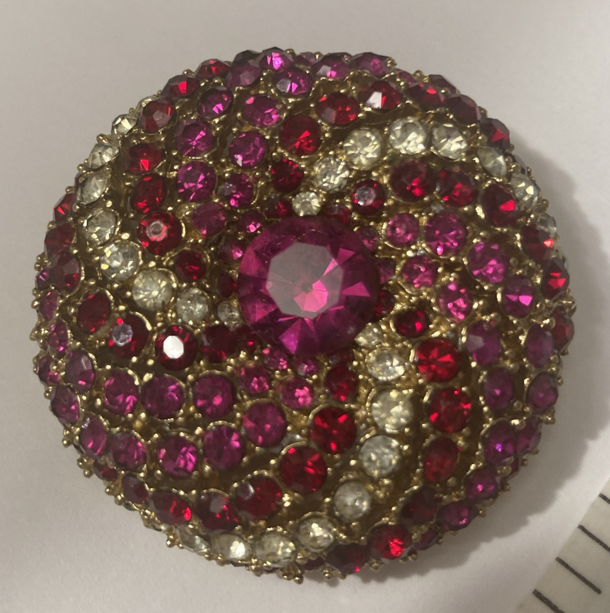 Vintage Arthur Pepper ART Pave Rhinestone Brooch Spiral Gold Toned Red & Pink