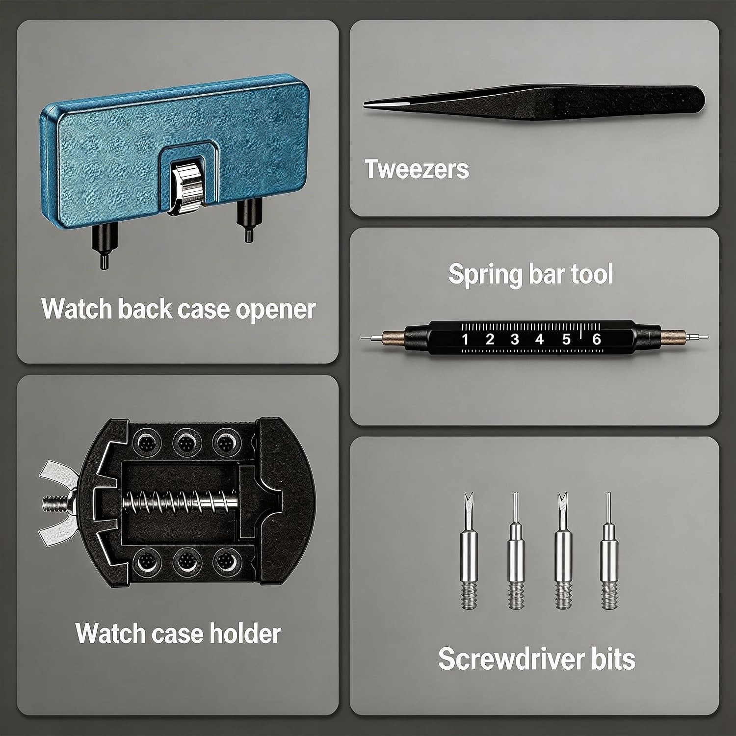 Universal Watch Repair Kit: Case Holder, Spring Bar Tool & Tweezers for Home Use