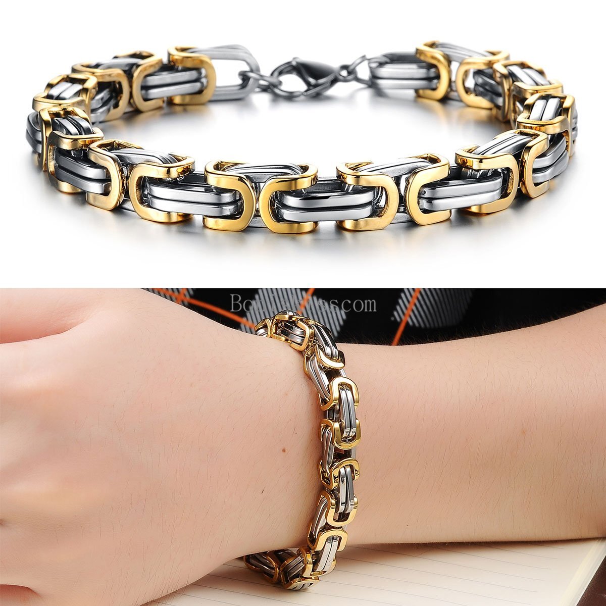 Silver Gold Black Tone Square Byzantine Stainless Steel Bracelet Mens Boys Chain