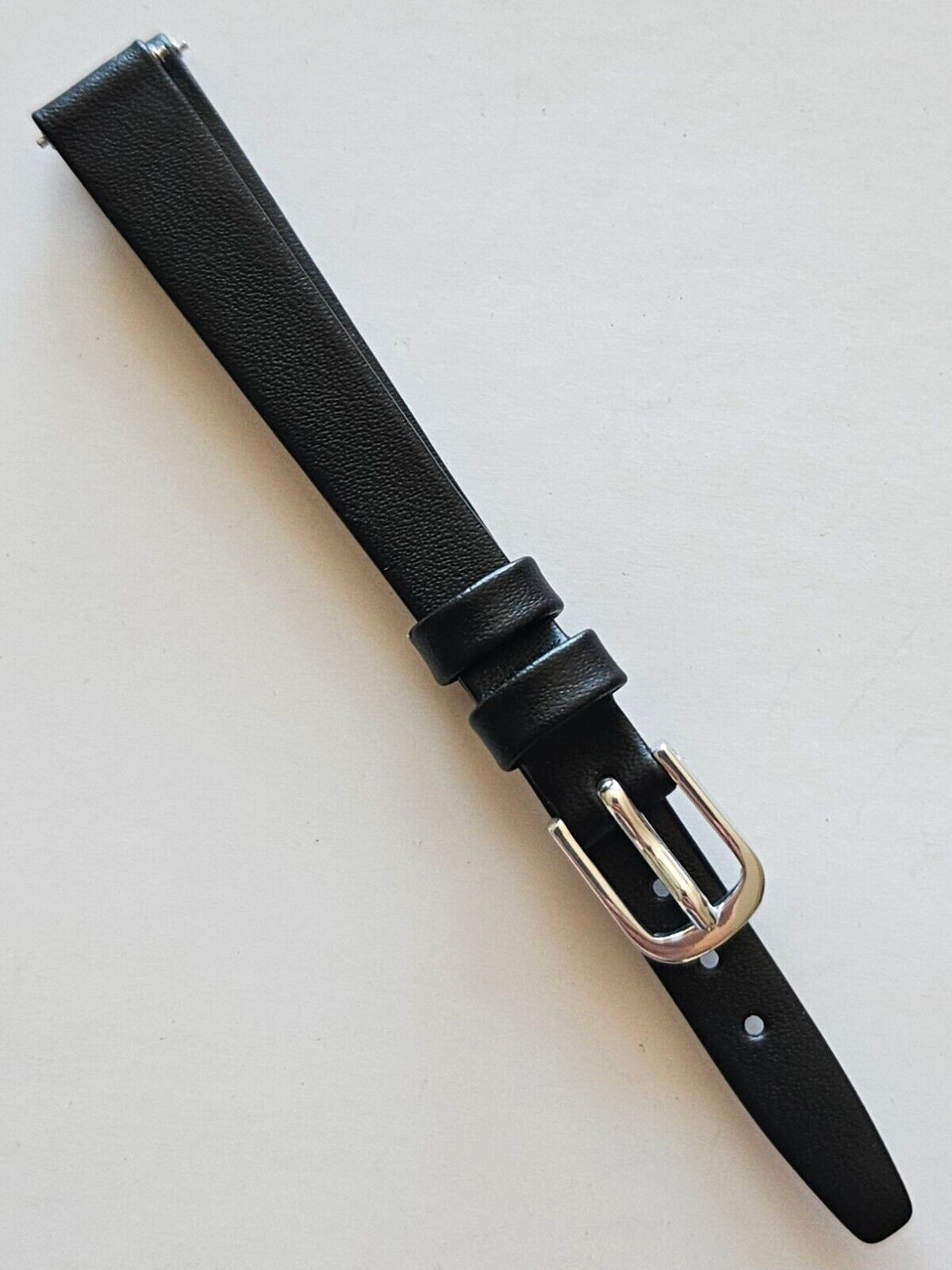 10mm – Black Genuine Leather Watch Band – ( Silver Buckle / Pins Included )