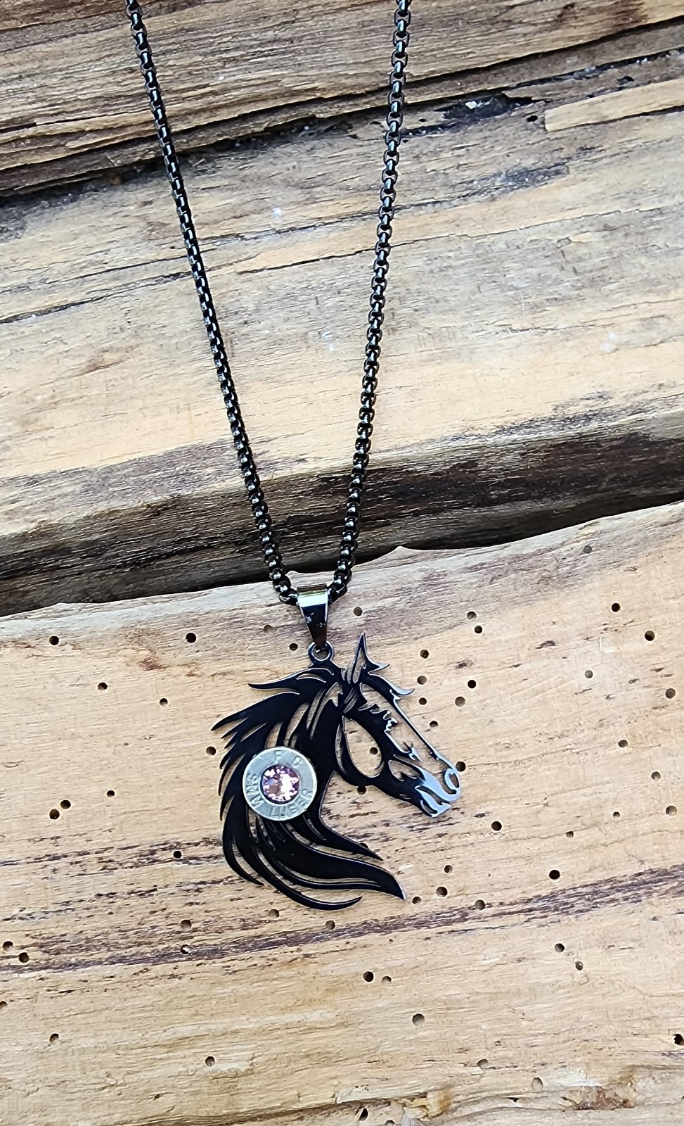 Black Stainless Horse Necklace with Nickel 9 mm Bullet Casing. Optional Color