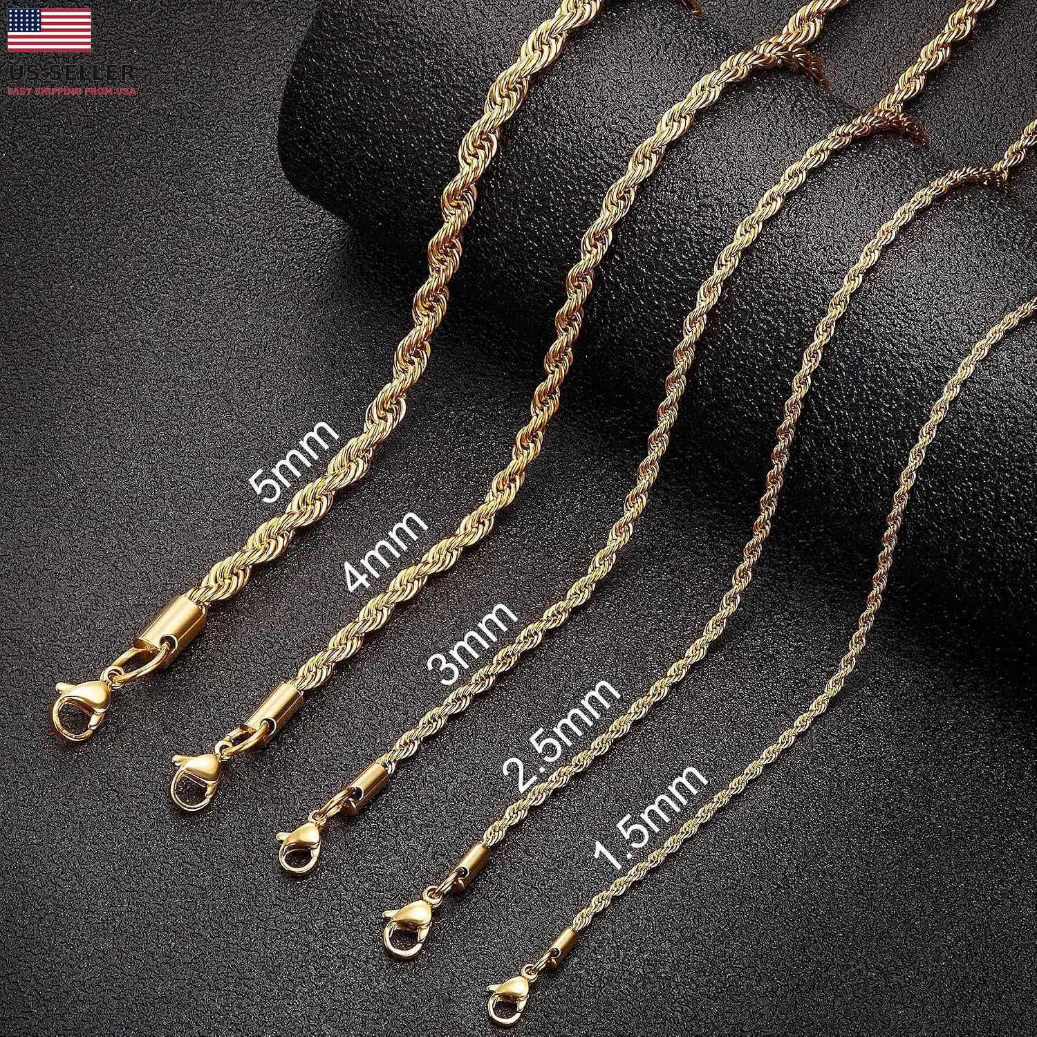 18K Real Gold Plated Rope Chain 1.5Mm 2.5Mm 5Mm Stainless Steel Twist Chain Nec