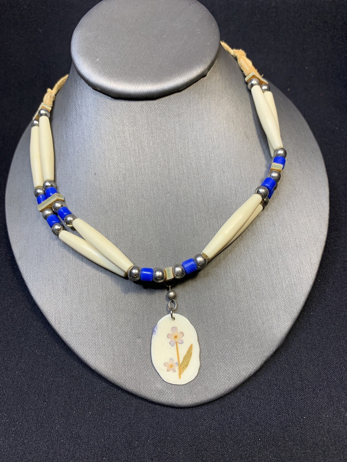 Signed DS Native American Blue Leather beaded tie on choker necklace