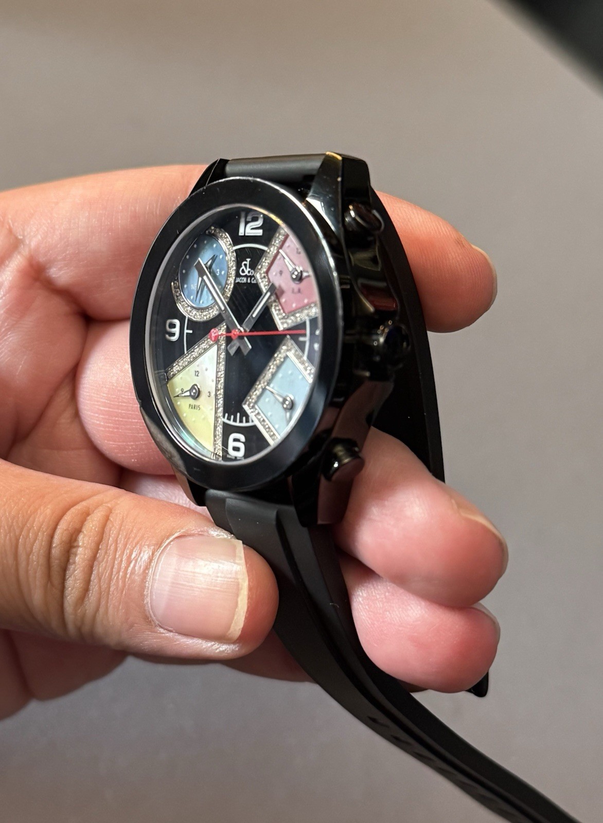 Jacob & Co Five Time Zone Quartz 40mm Black Diamond Dial A5267 NEEDS BATTERY