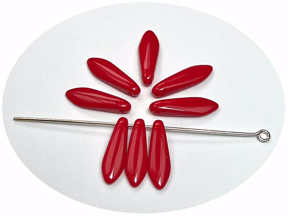 Czech Glass Druk Dagger Beads 5x16mm Red Coral Opaque, 50 pcs, top drilled