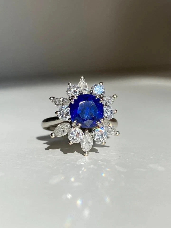 Diamond Wedding Ring 14K White Gold 2.70Ct Cushion Natural Blue Sapphire Size6 7