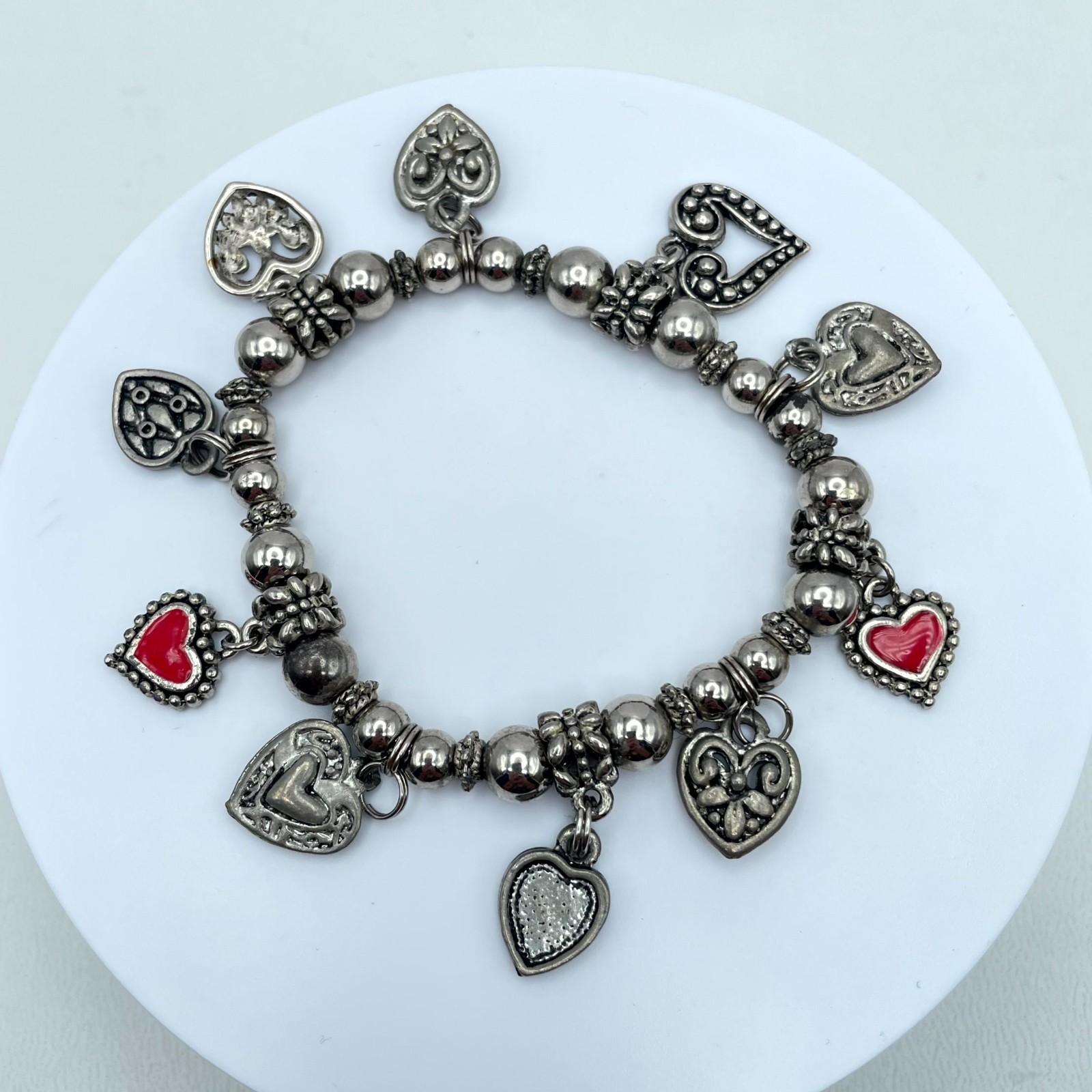 Y2K Bohemiam Silver-Tone Classic Elastic Ruby Shine Heart Multi-Charm Bracelet