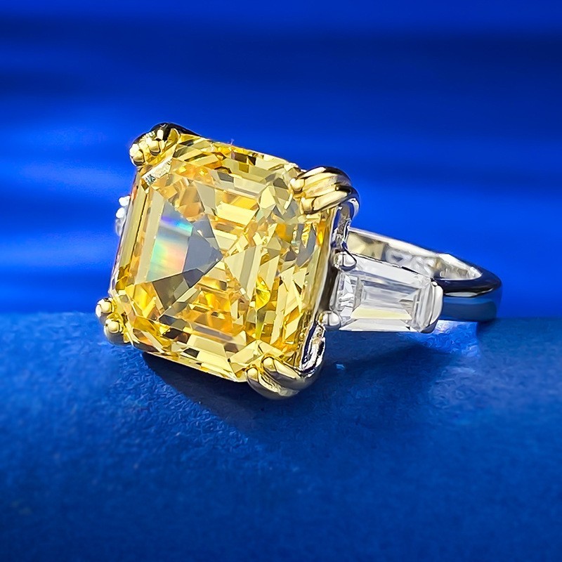 9ct Asscher Cut Lab Grown Yellow Diamond Three-Stone Ring, 18K Gold Vermeil