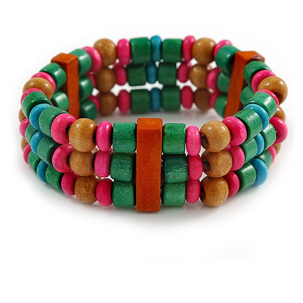 Multicoloured Wood Bead Flex Bracelet – 18cm Length