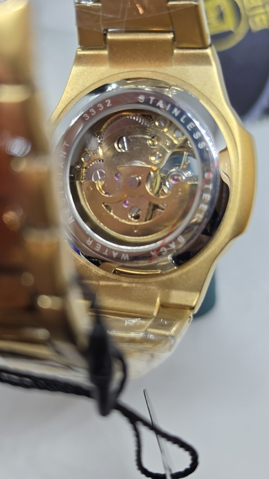 BIBI Luxury Automatic Skeleton Blue Face Watch Gold-Tone Stainless Steel Band