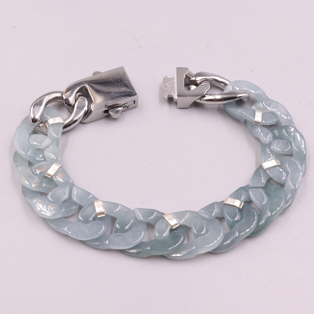 Real Grade A Natural Blue Jade Bracelet Jadeite Cuban Curb Link Chain 5.9-9.4in