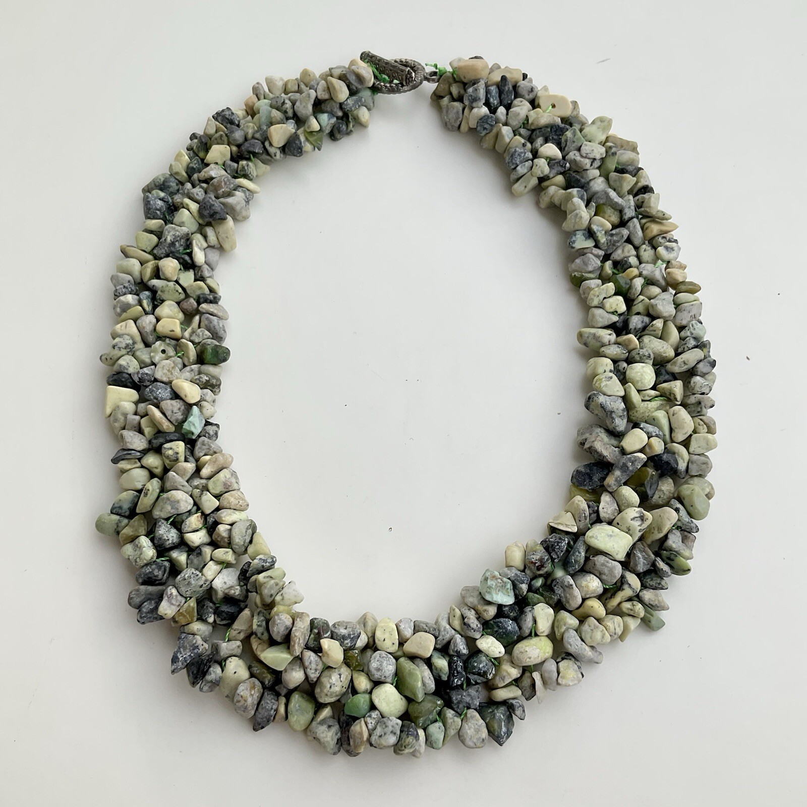 Handcrafted Green & Beige Chipped Gemstone Collar Statement Necklace, 17 Inches
