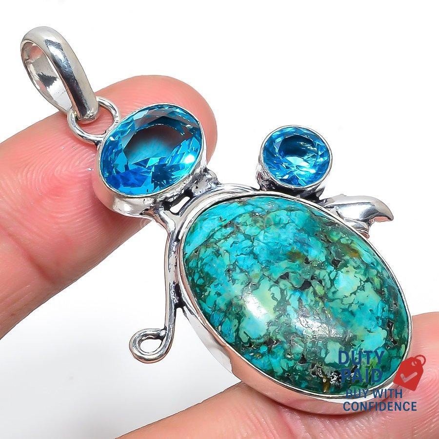 925 Silver Throat Chakra Natural TIBETAN TURQUOISE Blue Topaz Daughter Pendant