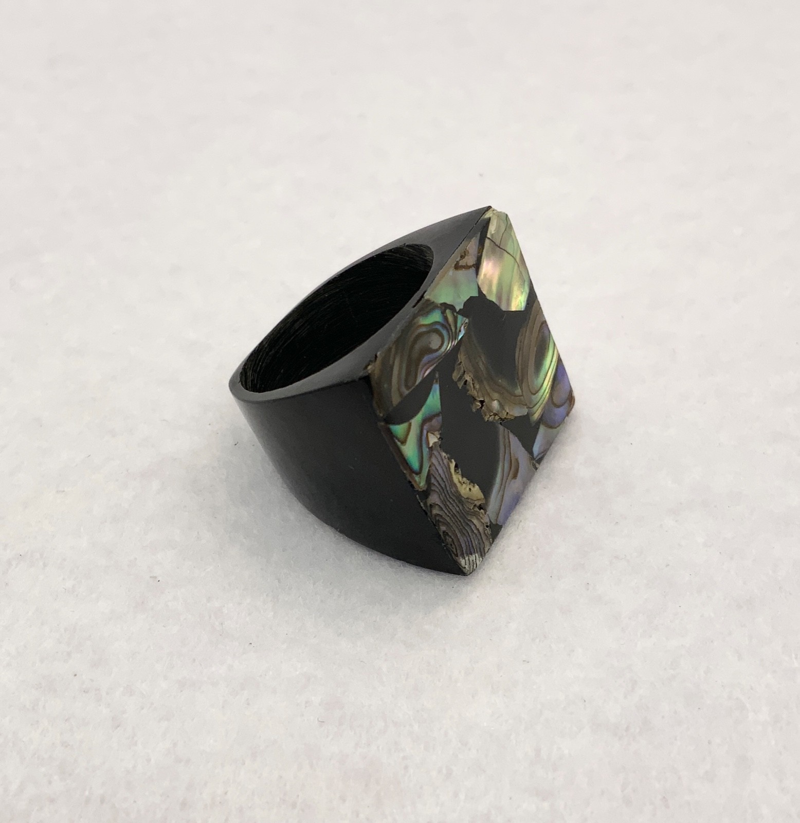 Vintage Ring Paua Abalone Black Square Plastic Resin Mexico Size O