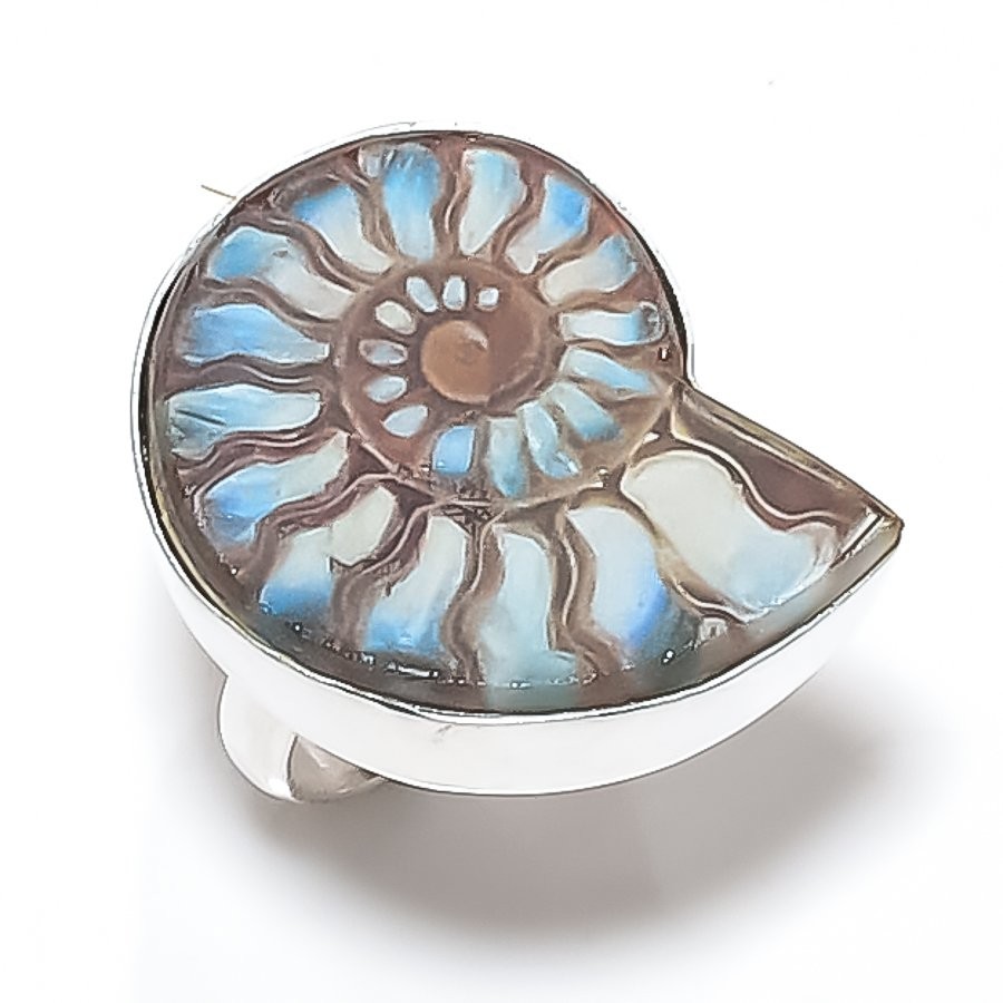 Ammonite Fossil Gemstone 925 Sterling Silver Jewelry Ring Size 6.5 e885