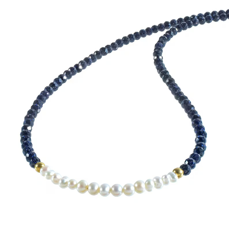 Handmade Sandstone & Pearl Beaded Necklace 925 Sterling Silver 18″ Gift for Her