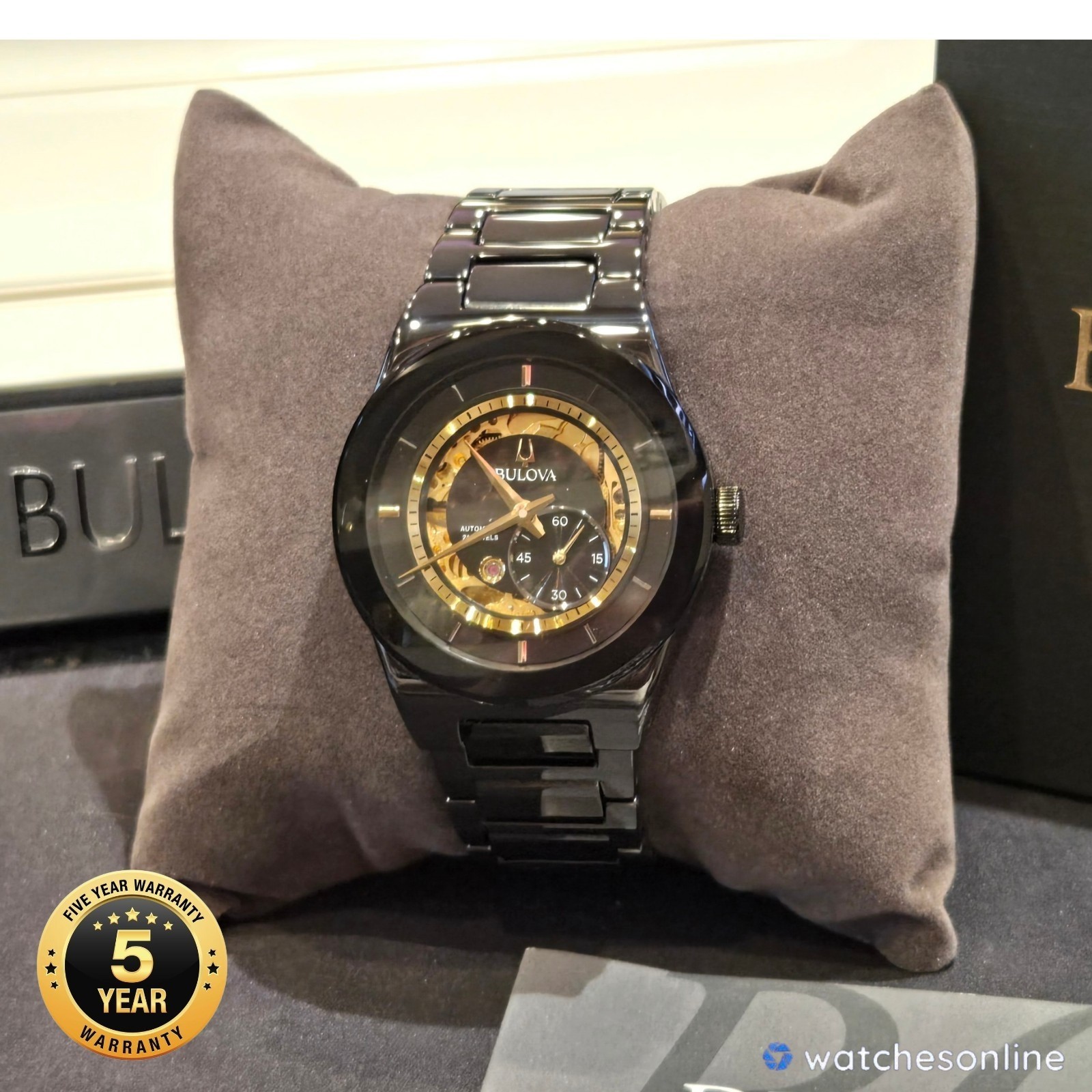 STORE DISPLAY Bulova Modern Millennia Automatic Skeleton Black Mens Watch 98A291