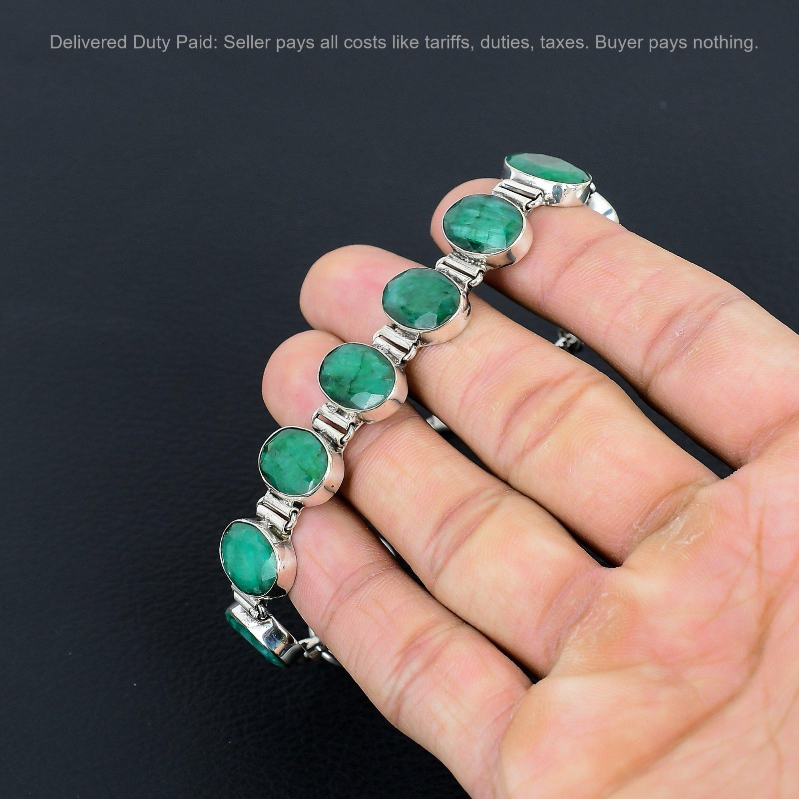Black Friday Sale 925 Silver Oval Natural Zambian Emrald Chain Bracelet Jewelry