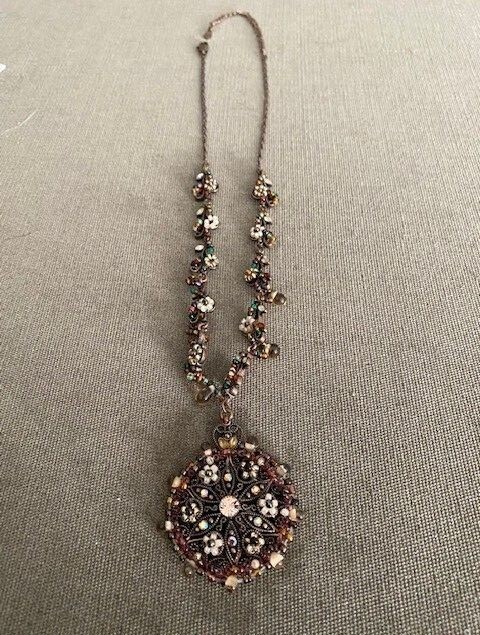 Vintage Copper Beaded Pendant Necklace Brown Golden Tones Old Czech Marked 