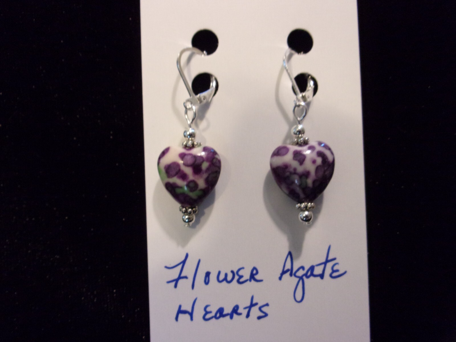 925 Multi-Colored Flower Agate Hearts Leverback Earrings