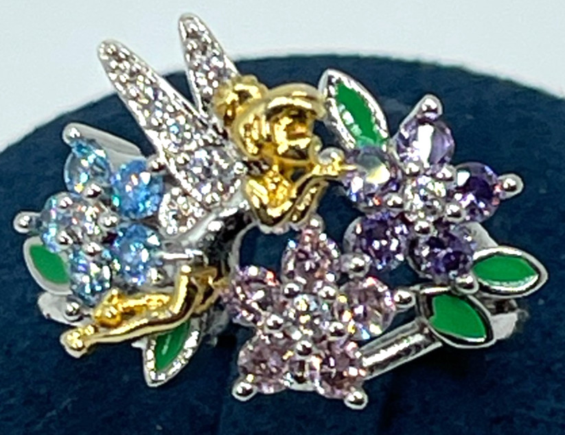 Ring Silver Tone Multi-Color Crystal Flowers w/Gold & Silver Flying Fairy Size 6