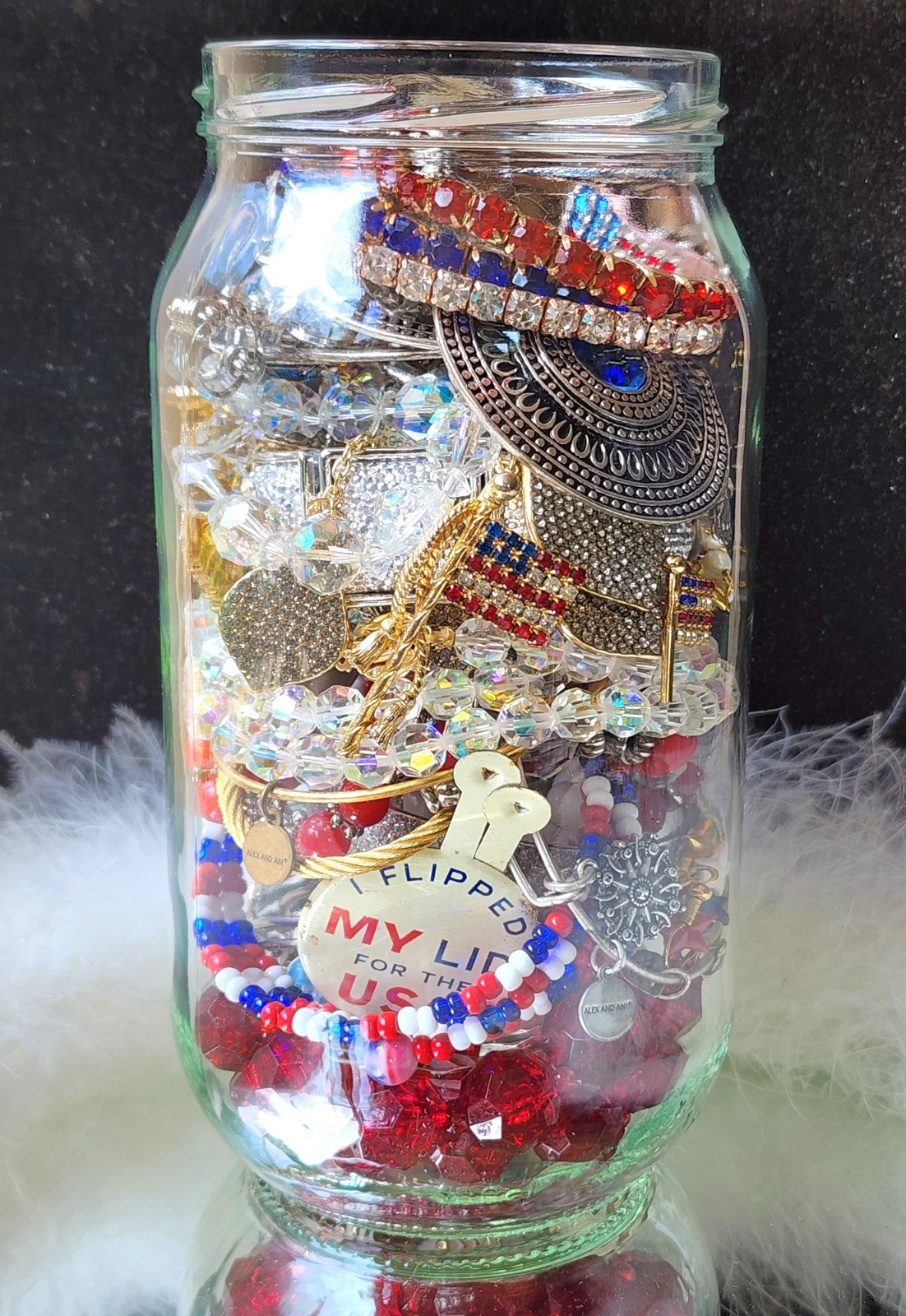 🧨Large Mystery Jewelry Jar Lot-Red White & Blue Americana -Rhinestone Flag Pins