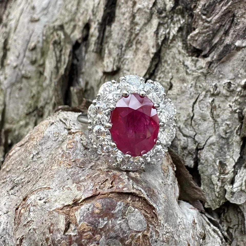 Natural Red Ruby & Diamond Wedding Ring 14K White Gold Oval Cut 6.45 Cts Size 7