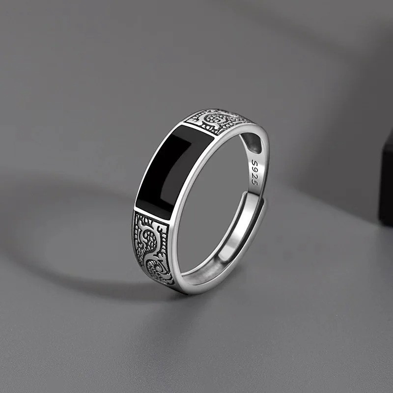925 Sterling Silver Men’s Black Gem Ring Luxury Wedding Band Fine Jewelry Gift