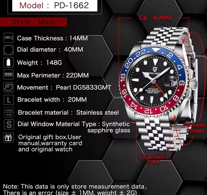 PAGANI DESIGN PD-1662 Automatic GMT Men’s Watch Sapphire Glass Jubilee 40mm