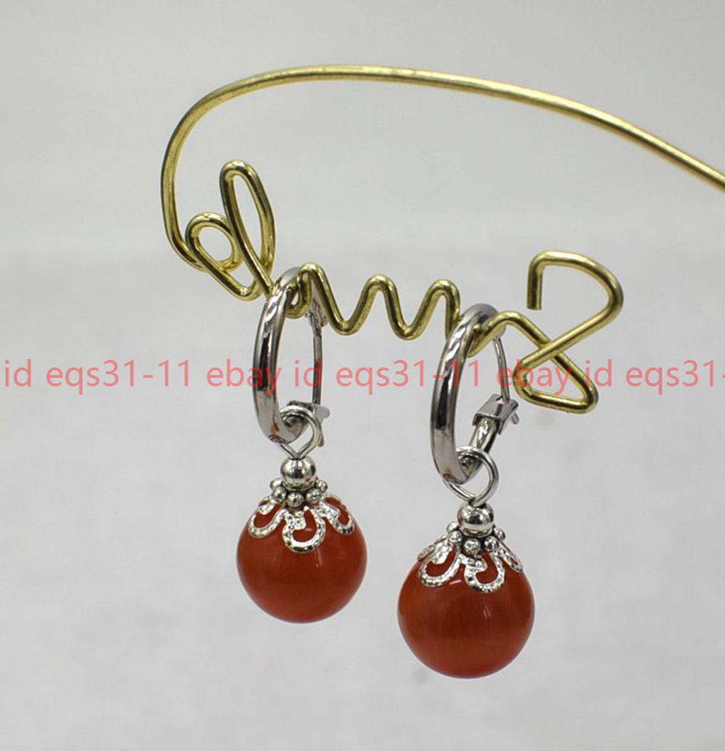 Pretty 12mm Orange Cat’s Eye Opal Round Gemstone Beads Leveback Earrings