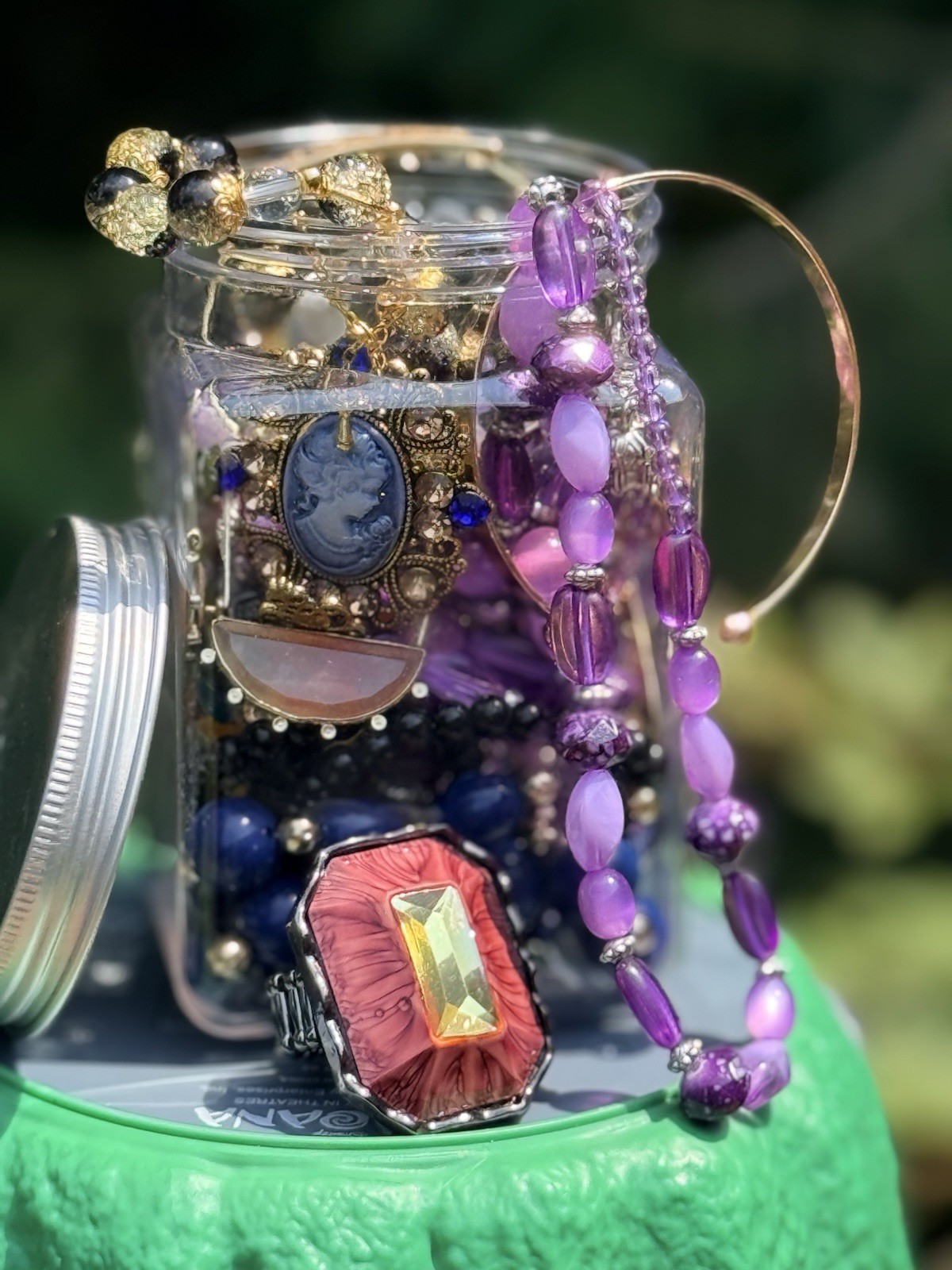 Mixed Jewelry Lot in Jar Multicolor Bracelets Necklaces Rings Brooches