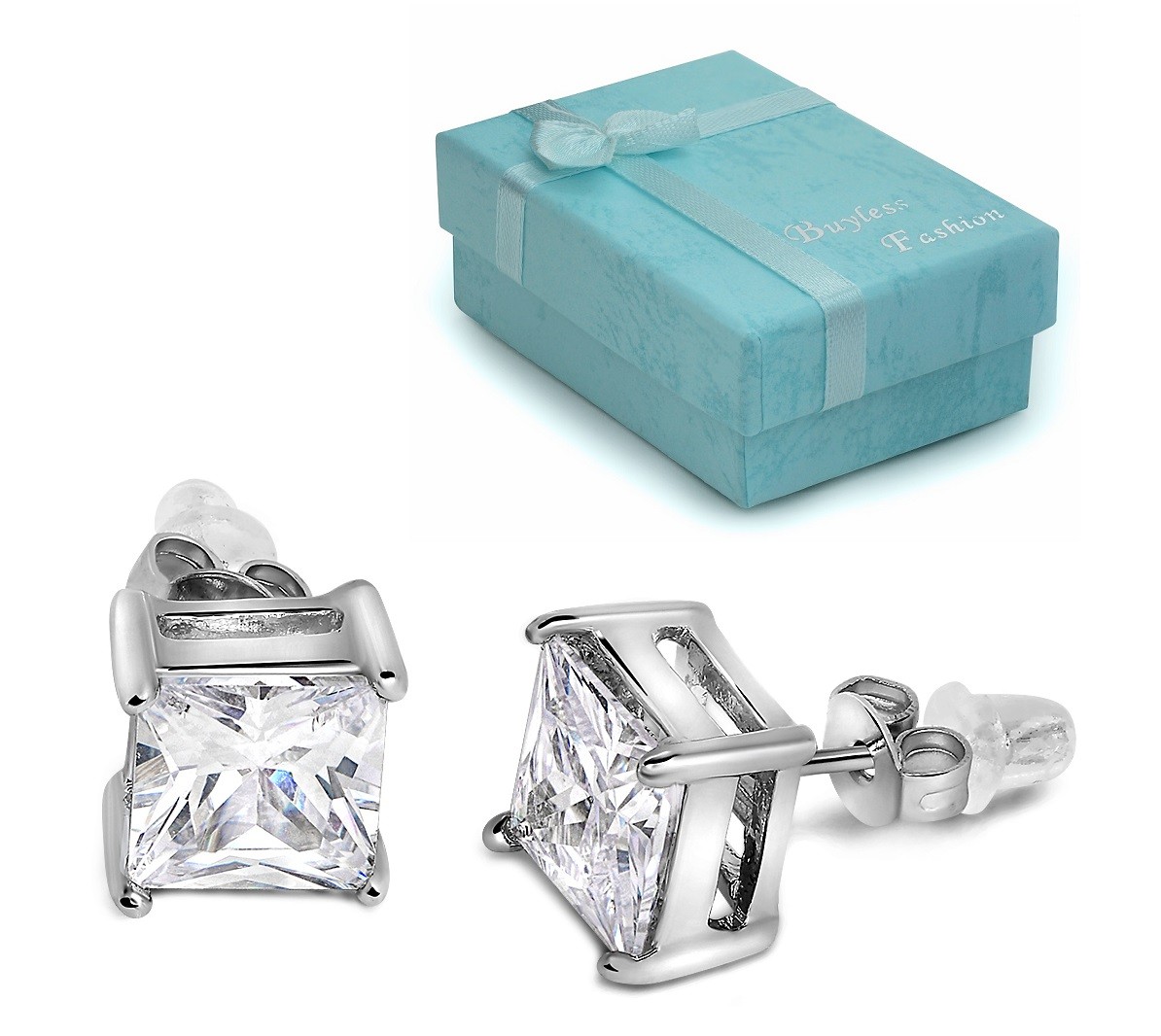 Buyless Fashion Girls Stud Earrings Silver White Squared Crystal CZ In Gift Box