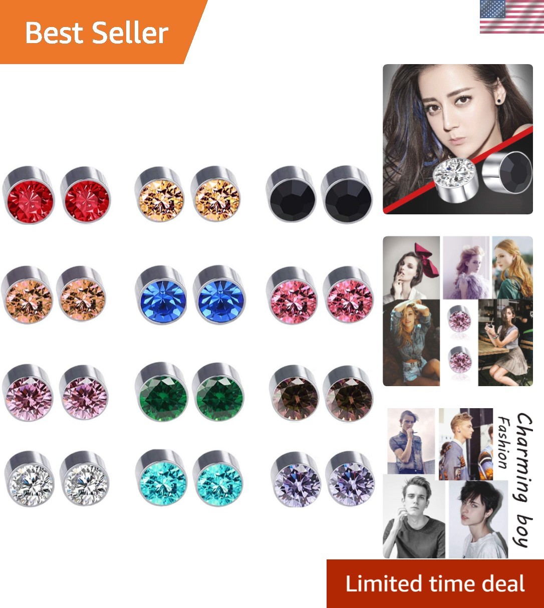 Gift-Ready 12 Pairs Crystal Magnetic Earrings – Non-Piercing Studs in 12 Colors