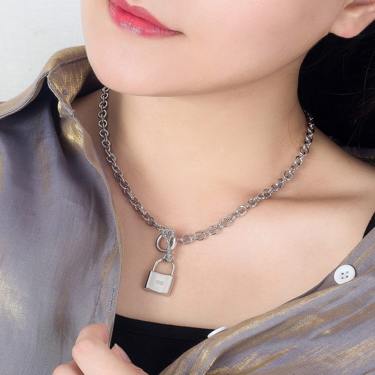 Women 925 Sterling Silver Key Lock Pendant Necklace Fashion Solid Silver Rolo…