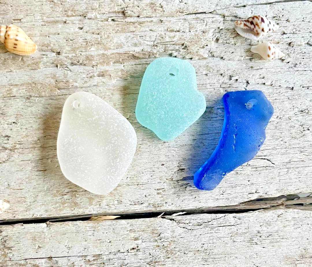 3Pcs Top Drilled Frosted SEA GLASS Beach Glass Necklace Pendants Aqua Blue Clear
