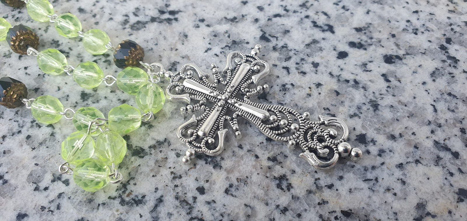 Rosary gothic cross czech uraniumglass beads vintage style jewelry #24067