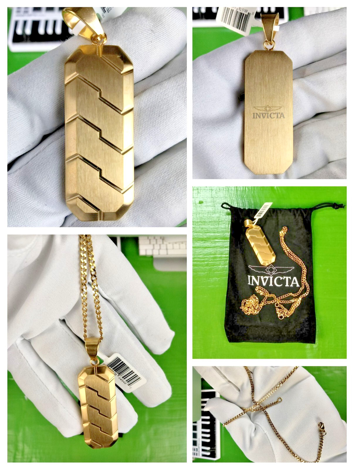 Invicta Elements Modern Men Gold Tone SS Pendant + Chain In Black Jewelry Pouch