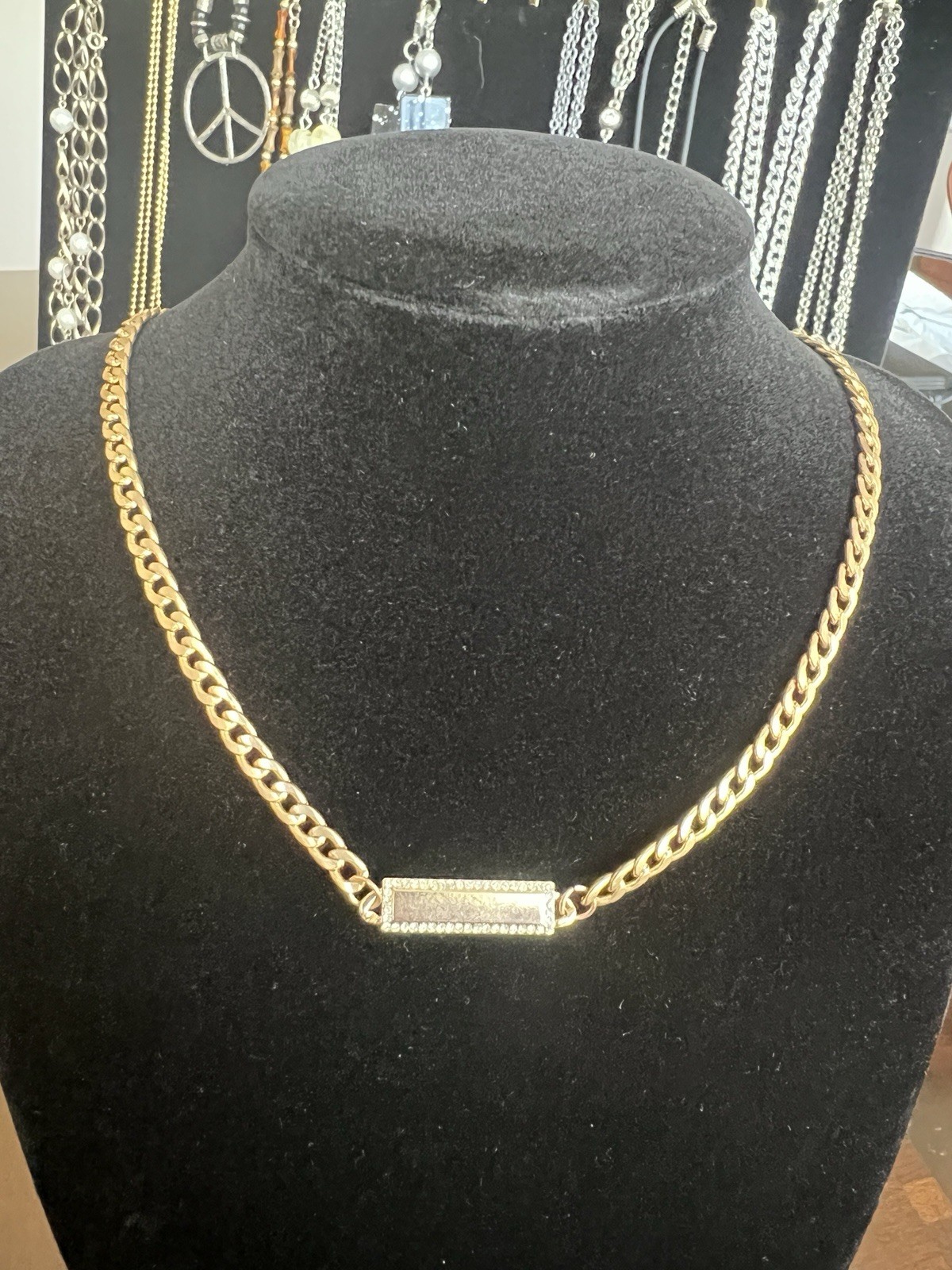 Gold Tone Curb Link Chain Necklace | Bar Pendant, Adjustable, Lobster Clasp