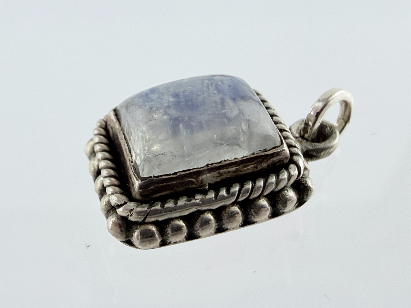 Vintage Sterling Silver Blue Moonstone Rectangular Cabochon Pendant Charm .75 In