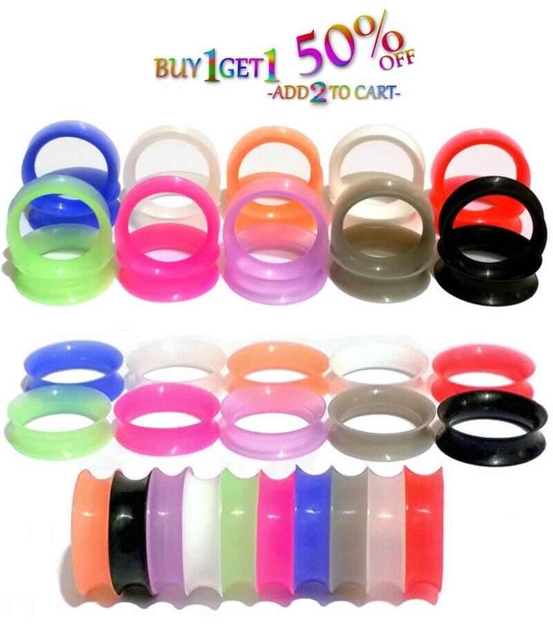 Pair 8g-40mm CLEAR GLOW SILICONE FLESH TUNNELS Double Flare Gauges Thin 2051