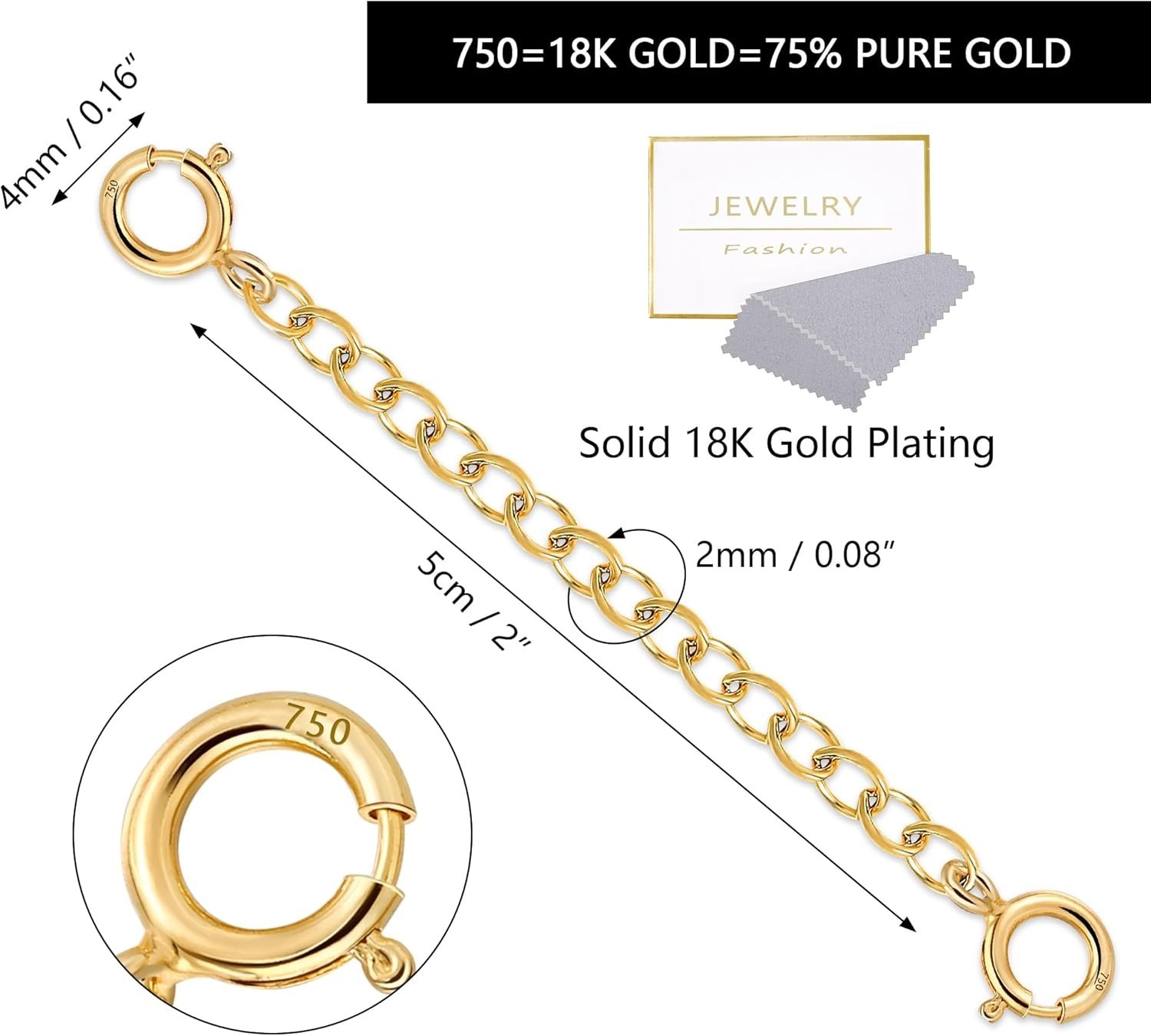 Luxury 18K Solid Gold Extender – Adjustable Chain for Jewelry with Clasp Closure