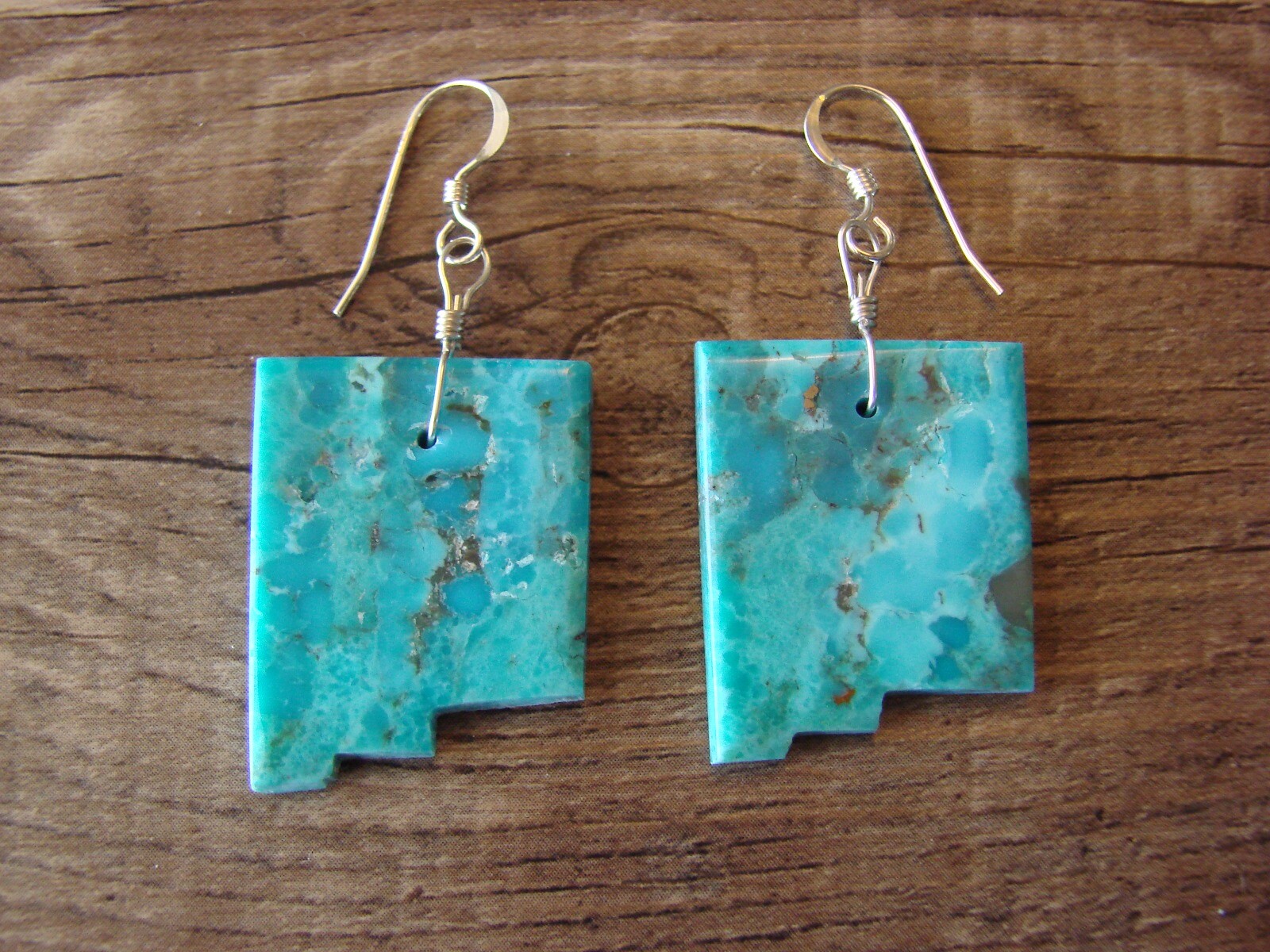 Navajo Indian New Mexico State Turquoise Slab Dangle Earrings by Lovato