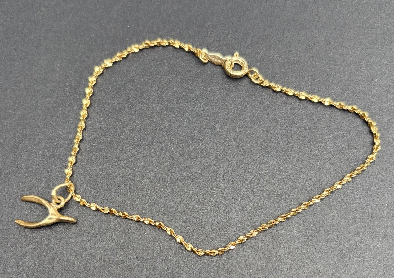 14K Dainty Gold Chain Bracelet With WishBone Charm 2.4 Grams