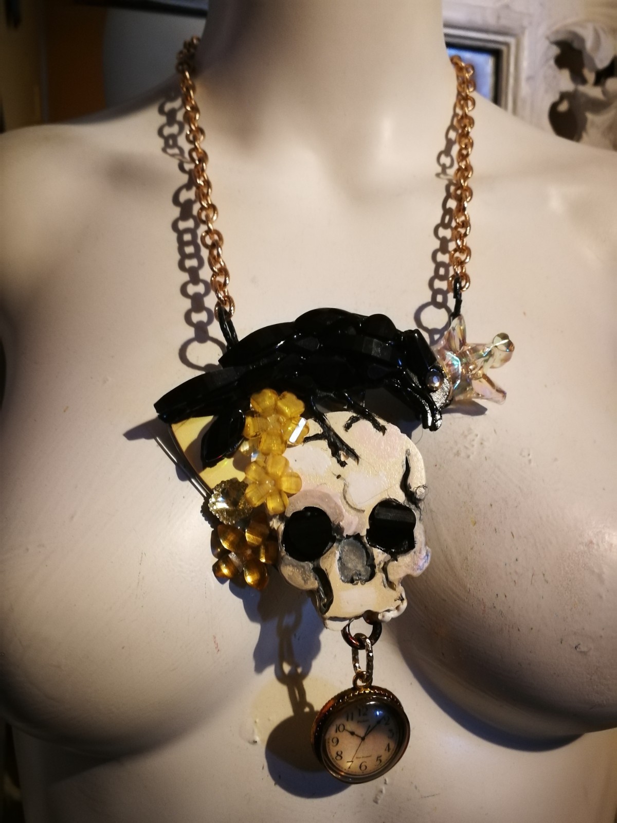 Magic Talisman Black Raven Crow Necklace Skull Pendant Amulet Memento Mori Clock