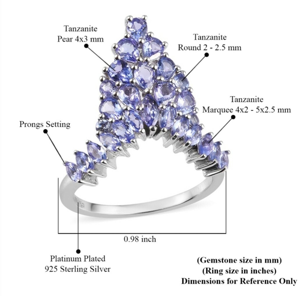 2.76 ctw Tanzanite Ring in Platinum Over Sterling Silver, Size 8 ERV $559.99