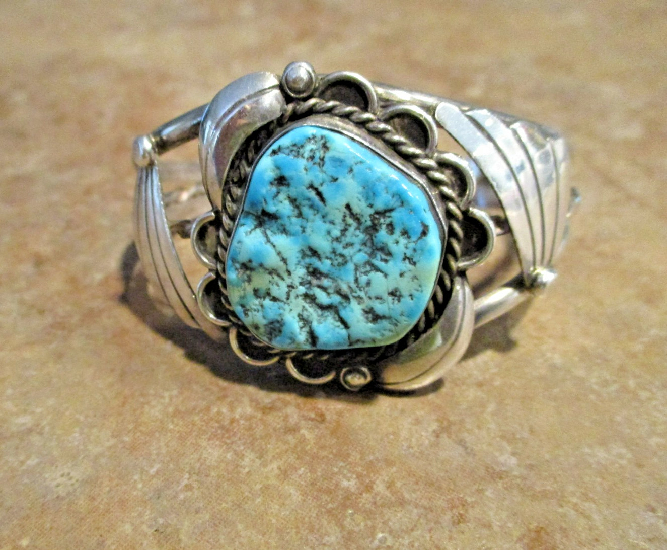 FINE Vintage Navajo Sterling Silver SEA FOAM Turquoise Applique Bracelet Sign FS