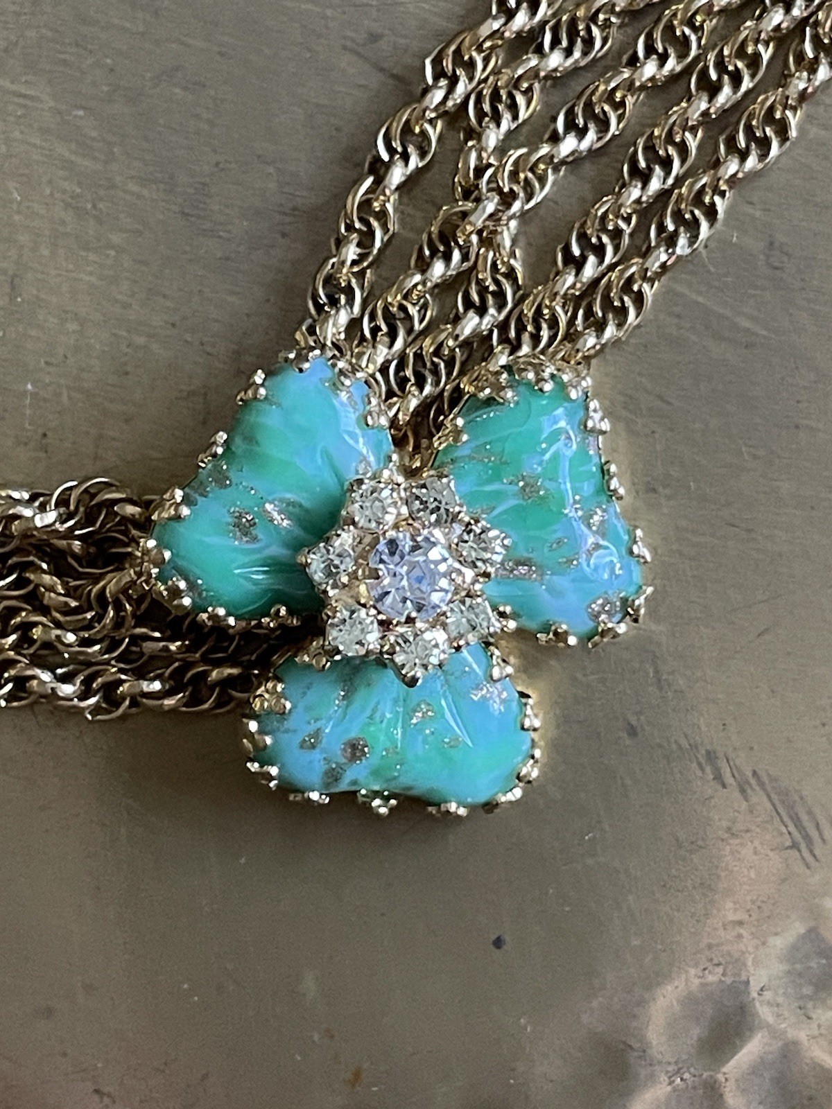 Vintage Hobe Mayorka Glass Sea foam Green Petal Flower Festoon Necklace
