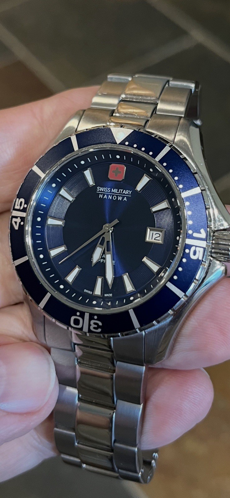 Swiss Military Hanowa Quartz Diver 43mm Blue Sunburst Dial SS Bracelet 100m Box