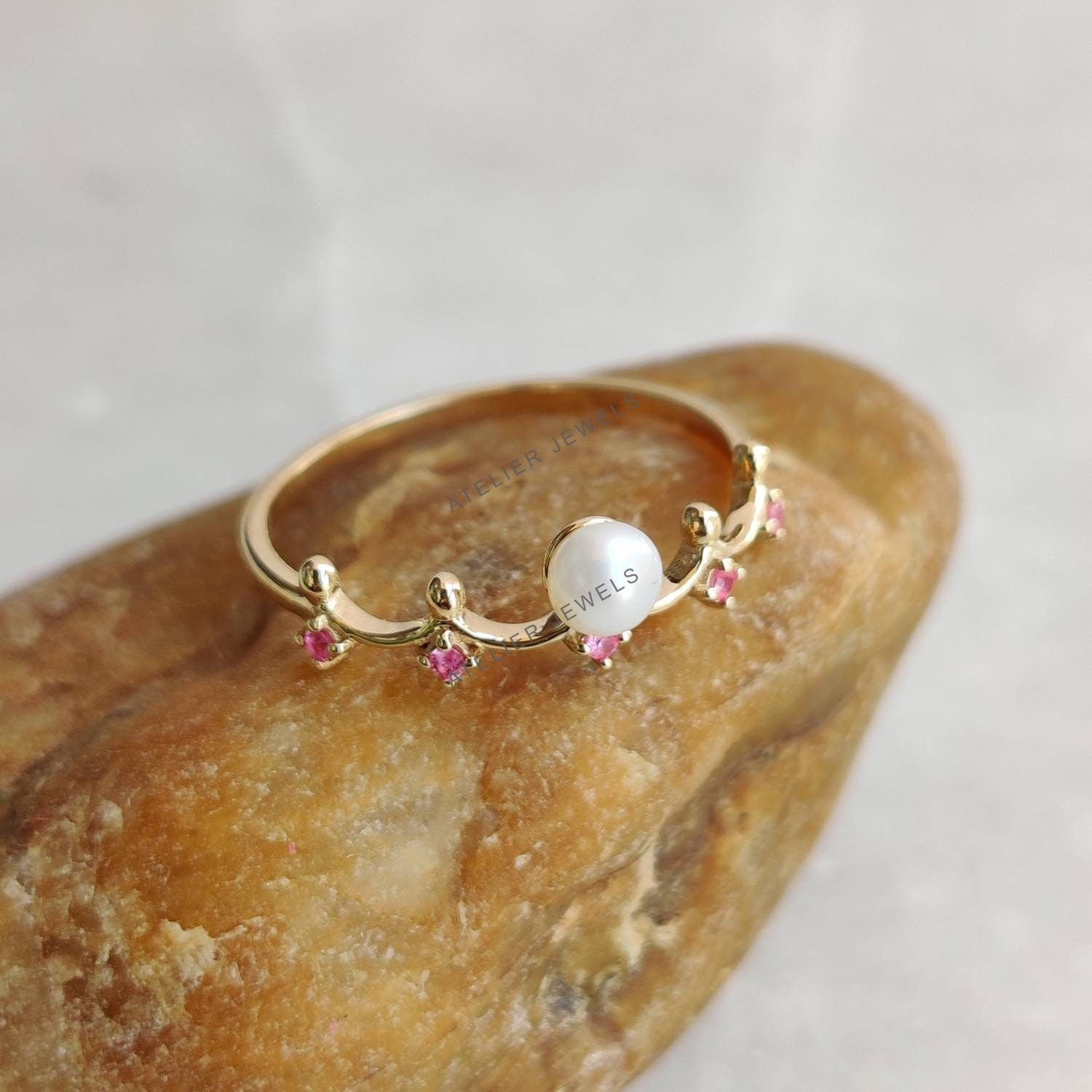 0.43 Ct Natural Pearl Ruby Band Ring 14K Gold Minimalist Birthstone Jewelry Gift